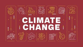 Climate change dark red word concept. Industrial water pollution, global warming. Natural disaster. Horizontal image. Headline text surrounded by editable outline icons vector