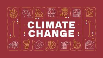 Climate change dark red word concept. Industrial water pollution, global warming. Natural disaster. Horizontal image. Headline text surrounded by editable outline icons vector