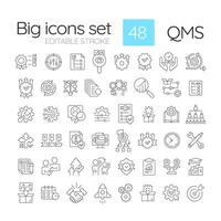 QMS linear icons set. Performance improvement. Measurable goals, accountability. Lean management. Customizable thin line symbols. Isolated outline illustrations. Editable stroke vector