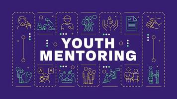 Youth mentoring purple word concept. Skill development, holistic growth. Self assurance. Horizontal image. Headline text surrounded by editable outline icons vector