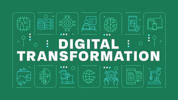 Digital transformation green word concept. Business process automation. Artificial intelligence. Horizontal image. Headline text surrounded by editable outline icons vector