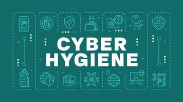 Cyber hygiene teal word concept. Internet privacy, cybersecurity. Data protection. Horizontal image. Headline text surrounded by editable outline icons vector