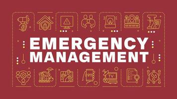 Emergency management dark red word concept. Fire detection systems. Home security, disaster. Horizontal image. Headline text surrounded by editable outline icons vector