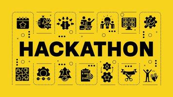 Hackathon black and yellow word concept. Tech event organization. Teamwork and collaboration. Visual communication. Artwith lettering text, editable glyph icons vector