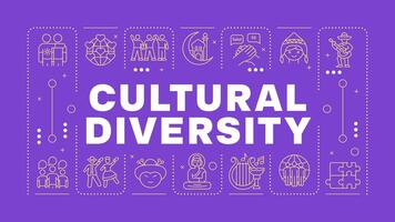 Cultural diversity purple word concept. Different cultures, foreign language. Multi ethnic. Horizontal image. Headline text surrounded by editable outline icons vector