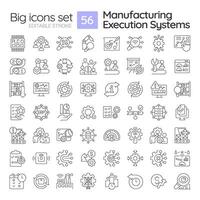 Manufacturing execution systems linear icons set. Smart factory technology. Maintenance costs, efficiency. Customizable thin line symbols. Isolated outline illustrations. Editable stroke vector