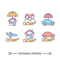 Insurance services RGB color icons set. Life and property insurance. Risk management. Family protection. Isolated illustrations. Simple filled line drawings collection. Editable stroke vector