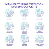 Manufacturing execution systems blue gradient concept icons. Production processes optimization. Factory automation, performance. Icon pack. Round shape illustrations. Abstract idea vector