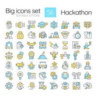 Hackathon RGB color icons set. Event for developers and programmrs. Tech solutions. Team competition. Isolated illustrations. Simple filled line drawings collection. Editable stroke vector