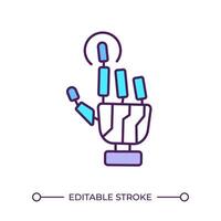 Robotic touch RGB color icon. Bionic hand taps screen. Artificial limb, prosthesis. Artificial intelligence concept. Isolated illustration. Simple filled line drawing. Editable stroke vector