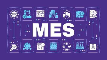 MES purple word concept. Manufacturing control system. Factory automation. Performance analysis. Visual communication. Artwith lettering text, editable glyph icons vector