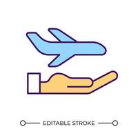 Travel insurance RGB color icon. Transportation service. Plane trip. Airline services. Hand holds airplane. Isolated illustration. Simple filled line drawing. Editable stroke vector