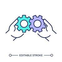 Collaboration RGB color icon. Hands holding gears. Symbol of teamwork and collective work. Process optimization. Isolated illustration. Simple filled line drawing. Editable stroke vector