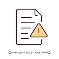 File error RGB color icon. Document and exclamation icon. Data corruption. Digital issue. Alert symbol. Data loss risk. Isolated illustration. Simple filled line drawing. Editable stroke vector