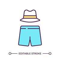 Swim shorts and fedora hat RGB color icon. Vacation clothing. Men's fashion. Stylish beachwear. Summer outfit. Isolated illustration. Simple filled line drawing. Editable stroke vector