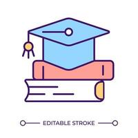 Education RGB color icon. Academic cap and books stack. Learning symbol. Higher education. Academic success. Isolated illustration. Simple filled line drawing. Editable stroke vector
