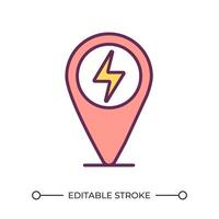 Charging station location RGB color icon. Electric vehicle charging. Lightning bolt and map maker. Electric car service. Isolated illustration. Simple filled line drawing. Editable stroke vector