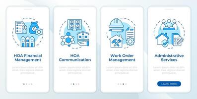 HOA services blue onboarding mobile app screen. Walkthrough 4 steps editable graphic instructions with linear concepts. UI, UX, GUI template vector