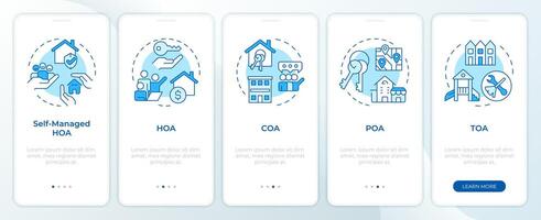 Household association types blue onboarding mobile app screen. Walkthrough 5 steps editable graphic instructions with linear concepts. UI, UX, GUI template vector