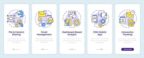 crm sistema beneficios inducción móvil aplicación pantalla. recorrido 5 5 pasos editable gráfico instrucciones con lineal conceptos. ui, ux, gui modelo vector