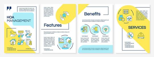 Home owner association benefits blue and yellow brochure template. Leaflet design with linear icons. Editable 4 layouts for presentation, annual reports vector