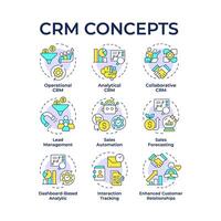 crm sistema tipos multi color concepto iconos cliente gestión, ventas automatización. negocio inteligencia. icono embalar. redondo forma ilustraciones para infografía. resumen idea vector