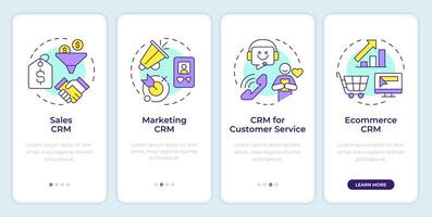 CRM types onboarding mobile app screen. Marketing automation. Walkthrough 4 steps editable graphic instructions with linear concepts. UI, UX, GUI template vector