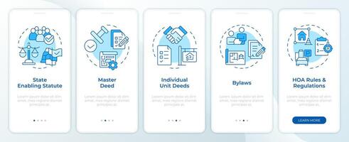 Household regulation law blue onboarding mobile app screen. Walkthrough 5 steps editable graphic instructions with linear concepts. UI, UX, GUI template vector