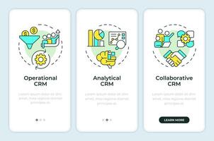 CRM tool types onboarding mobile app screen. Business automation. Walkthrough 3 steps editable graphic instructions with linear concepts. UI, UX, GUI template vector