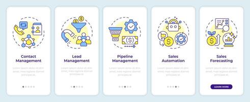 CRM software features onboarding mobile app screen. Walkthrough 5 steps editable graphic instructions with linear concepts. UI, UX, GUI template vector