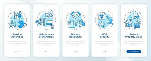 HOA benefits blue onboarding mobile app screen. Walkthrough 5 steps editable graphic instructions with linear concepts. UI, UX, GUI template vector