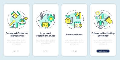 CRM organization onboarding mobile app screen. Walkthrough 4 steps editable graphic instructions with linear concepts. UI, UX, GUI template vector