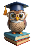 Wise Owl wear Graduate Hat on Stack of Book 3d Illustration png