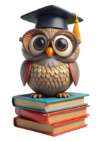 Wise Owl wear Graduate Hat on Stack of Book 3d Character png