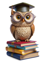 Wise Owl wear Graduate Hat on Stack of Book 3d png