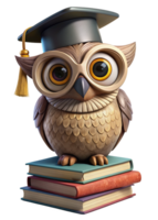 Wise Owl wear Graduate Hat on Stack of Book 3d Image png