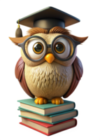 Wise Owl wear Graduate Hat on Stack of Book 3d Render png