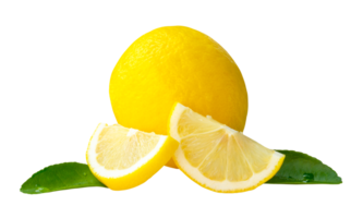 Front view of yellow lemon with slices or quarters and green leaves in stack isolated with clipping path in file format png