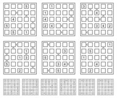 Futoshiki 5x5 puzzle set with solutions Futoshiki, or More or Less, is a logic puzzle game from Japan. vector