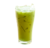 Vorderseite Aussicht von vereist Matcha Grün Tee mit kondensiert Milch im transparent Glas isoliert mit Ausschnitt Pfad im Datei Format png