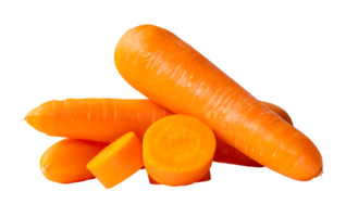 Front view and side view of fresh beautiful orange carrots with slices or pieces in stack isolated with clipping path in file format png