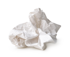 Front view of white screwed or crumpled tissue paper ball after use in toilet or restroom isolated with clipping path and shadow in file format png
