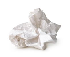 Front view of white screwed or crumpled tissue paper ball after use in toilet or restroom isolated with clipping path and shadow in file format png