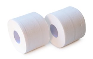 Top view of white tissue paper rolls in stack isolated with clipping path and shadow in file format png