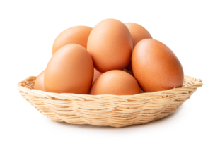 Front view of brown chicken eggs in stack in wicker basket isolated with clipping path in file format png