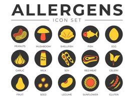 Black Colorful Allergens Icon Set. Allergens, Mushroom, Shellfish, Fish, Egg, Garlic, Milk, Soy Meat, Celery, Fruit, Seed, Legume and Sunflower Gluten Allergy Icons vector