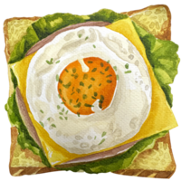 Watercolor set of different toasts with various topping isolated, collection of wheat sandwiches illustration, toasted bread with butter, fried eggs, cheese and hum for design. png