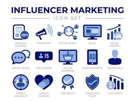 Influencer Marketing icon Set. Content, Blog, Growth, Conversation, Followers, Online Shopping, Advertisement, Individuals, Audience, Responsibility, Credibility, Consumer Trust, Less Costs. vector