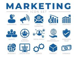 márketing icono colocar. promoción, correo electrónico marketing, costos, analítica, audiencia, tienda online y otro iconos vector