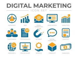 digital márketing icono colocar. SEO, correo electrónico marketing, web diseño, analítica, audiencia, clientes, testimonios, atraer, social marketing, etc iconos vector